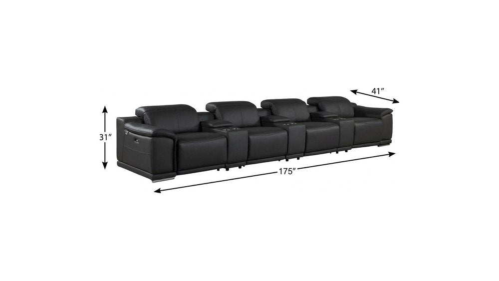175" Beige Italian Leather Reclining Metal USB Sofa