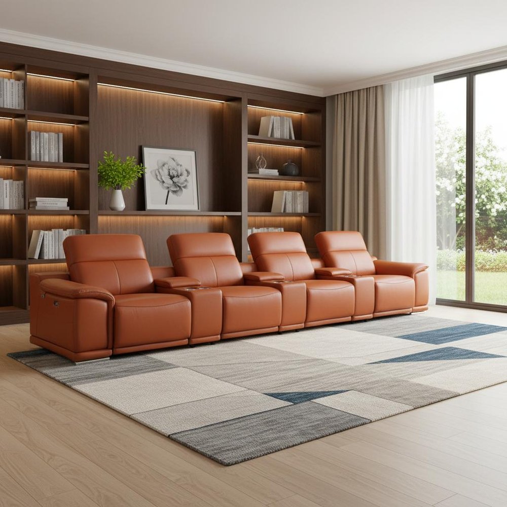 175" Beige Italian Leather Reclining Metal USB Sofa