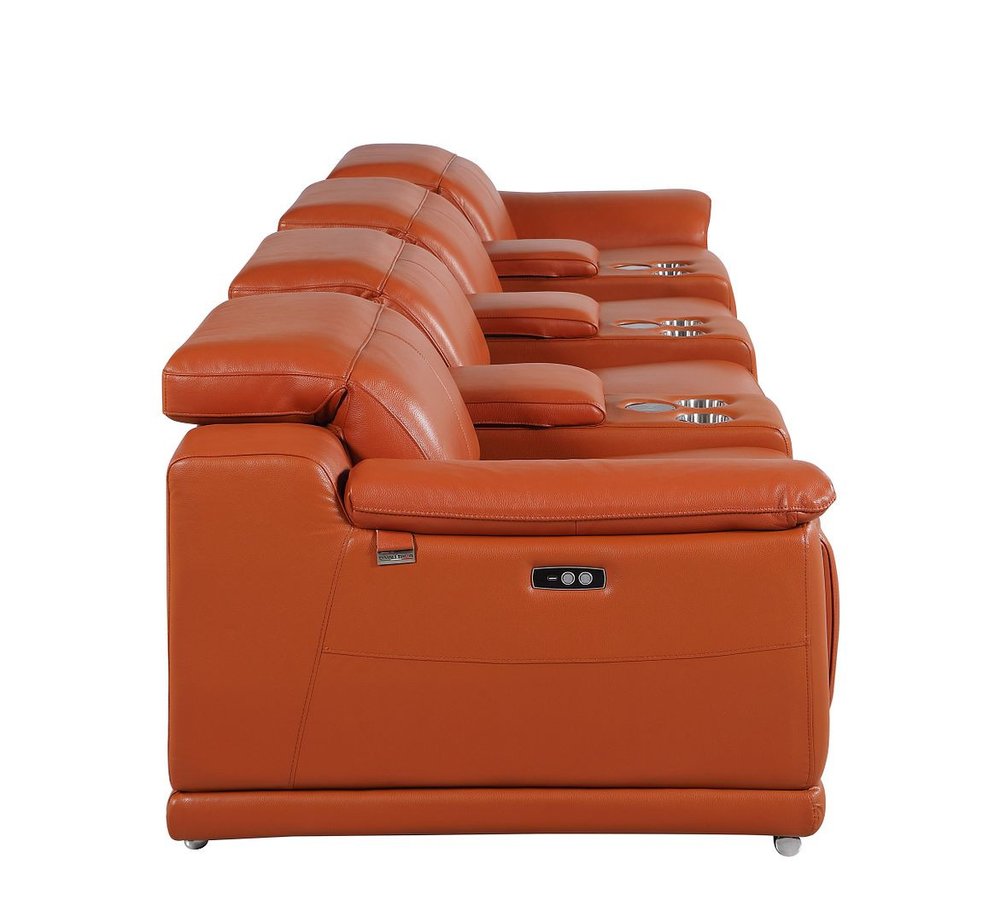 175" Beige Italian Leather Reclining Metal USB Sofa
