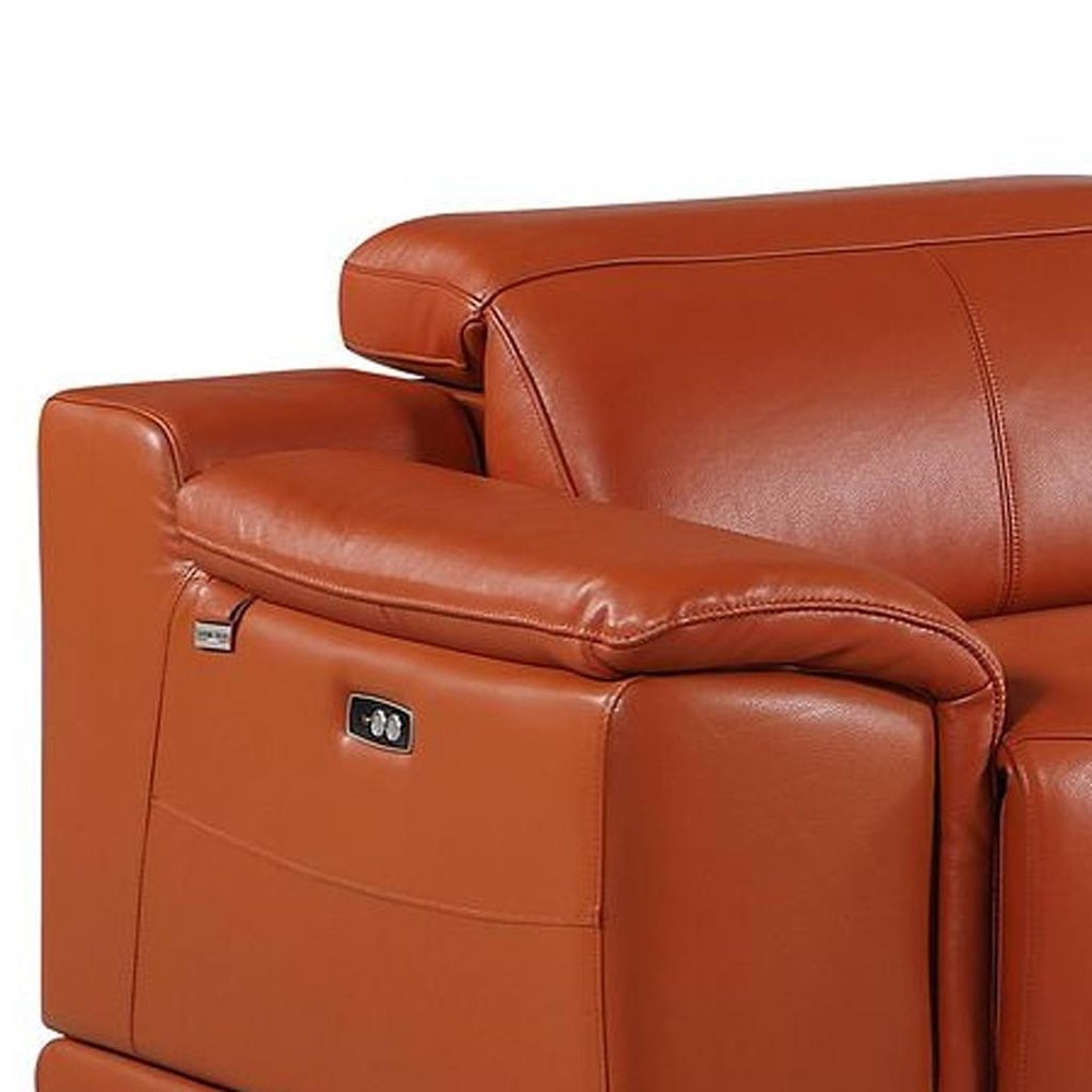 175" Beige Italian Leather Reclining Metal USB Sofa