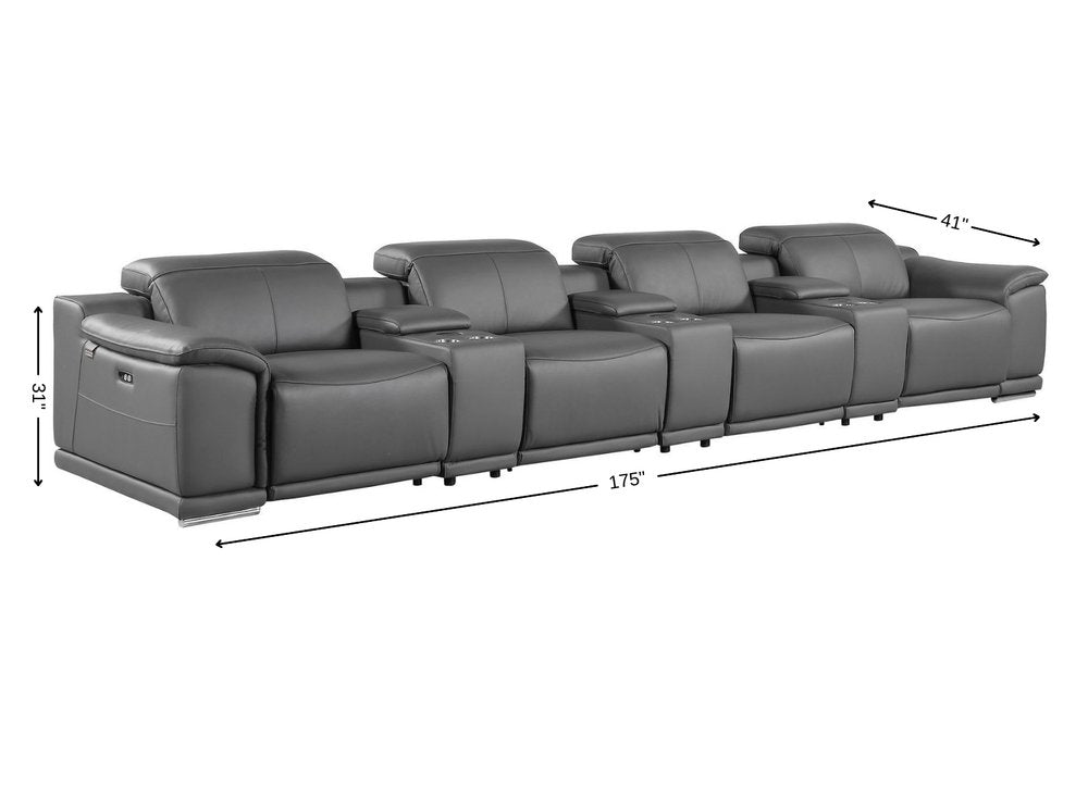 175" Beige Italian Leather Reclining Metal USB Sofa