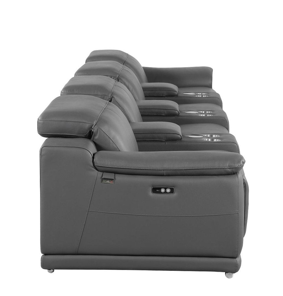 175" Beige Italian Leather Reclining Metal USB Sofa
