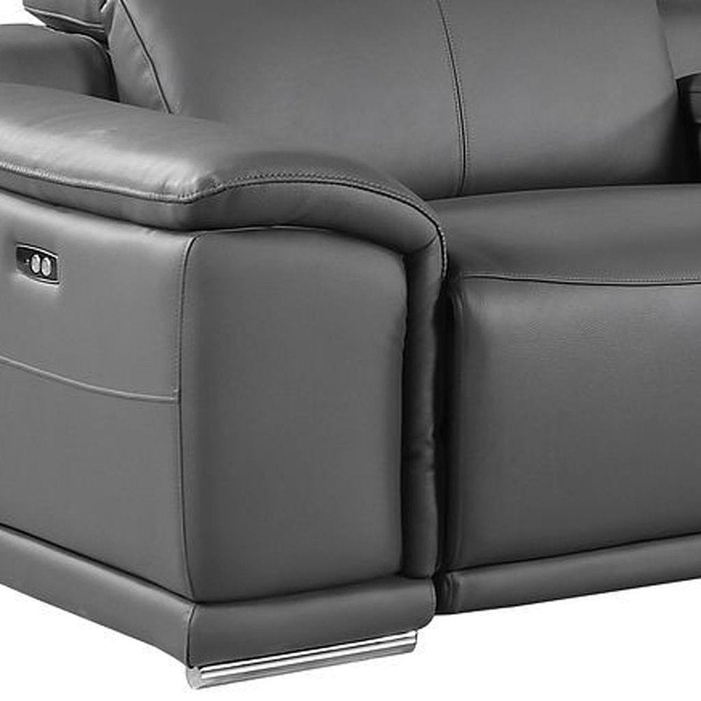 175" Beige Italian Leather Reclining Metal USB Sofa