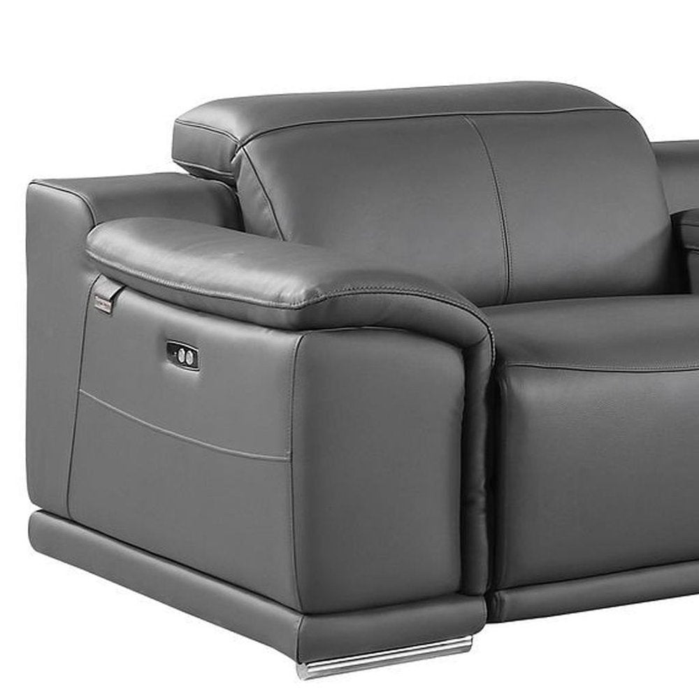 175" Beige Italian Leather Reclining Metal USB Sofa