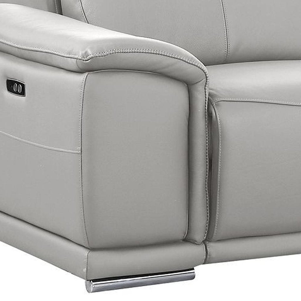 175" Beige Italian Leather Reclining Metal USB Sofa