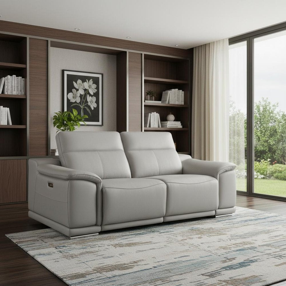 175" Beige Italian Leather Reclining Metal USB Sofa