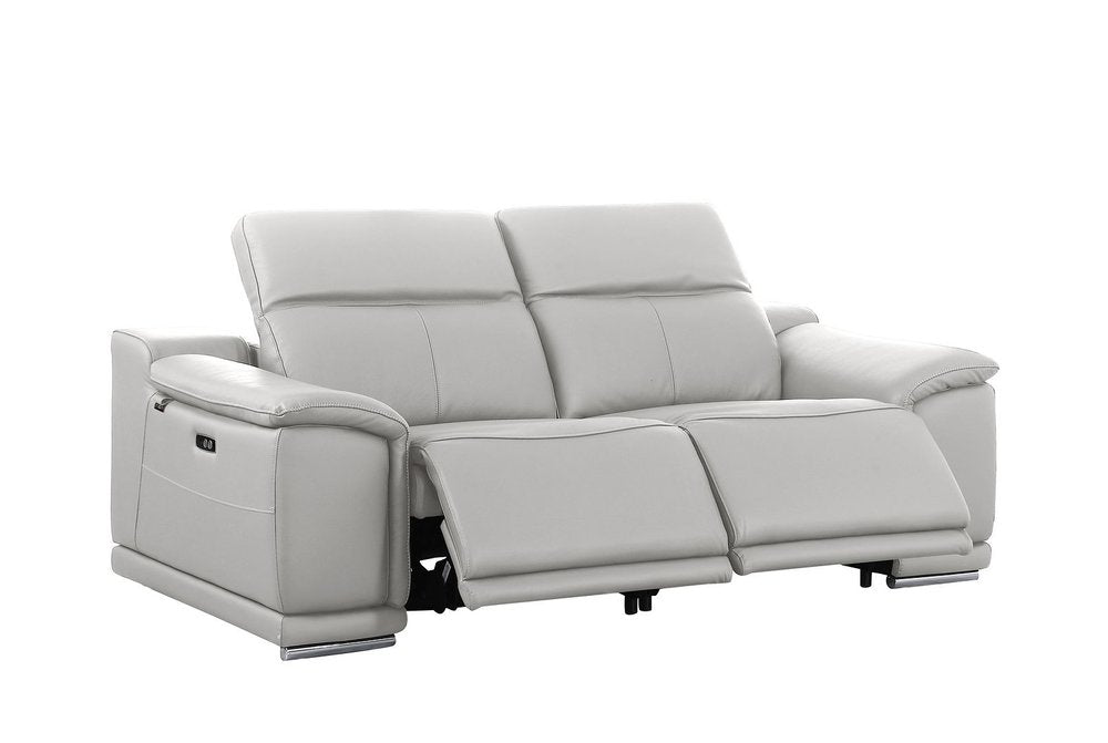 175" Beige Italian Leather Reclining Metal USB Sofa
