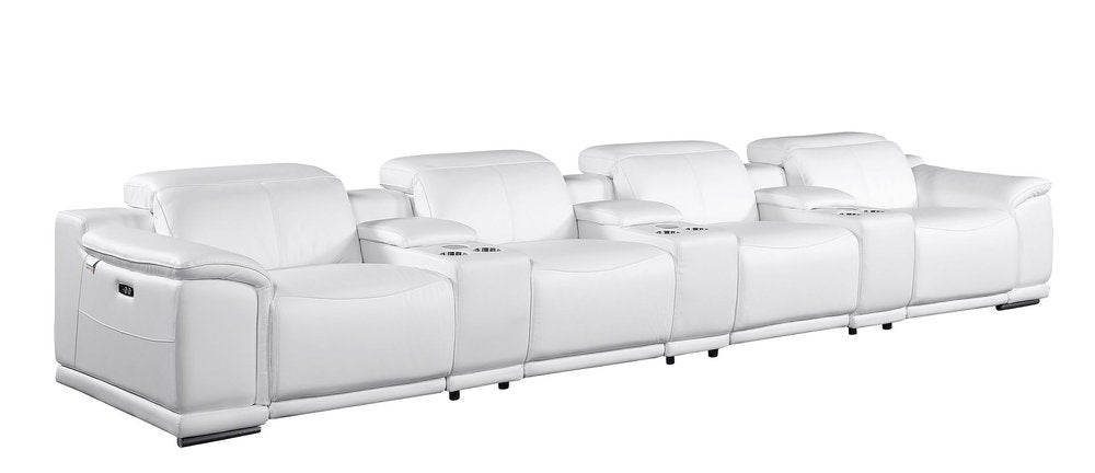 175" Beige Italian Leather Reclining Metal USB Sofa