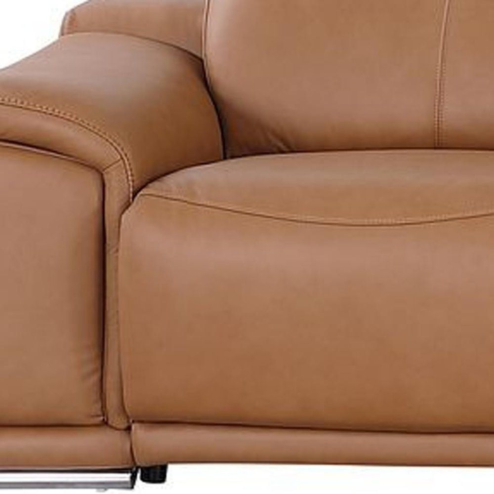 175" Beige Italian Leather Reclining Metal USB Sofa