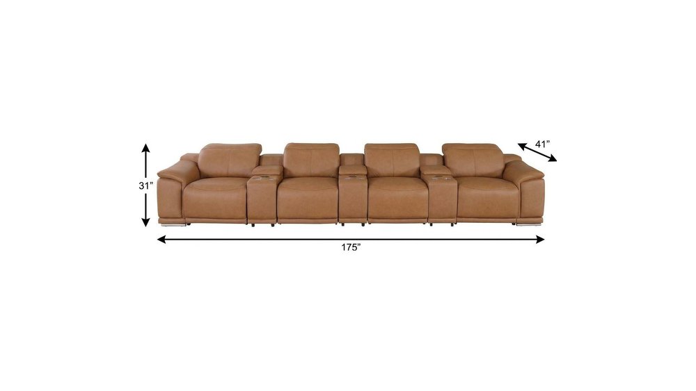 175" Beige Italian Leather Reclining Metal USB Sofa