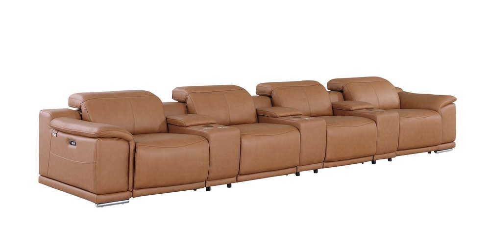 175" Beige Italian Leather Reclining Metal USB Sofa