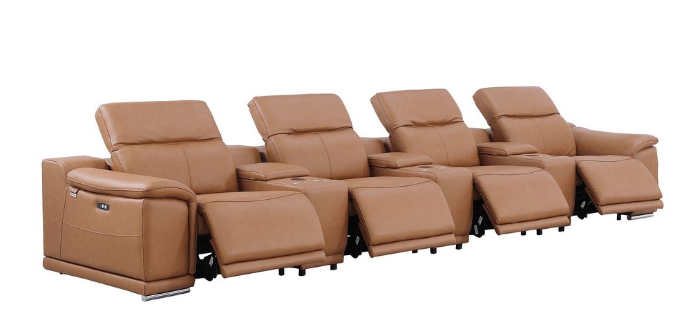 175" Beige Italian Leather Reclining Metal USB Sofa