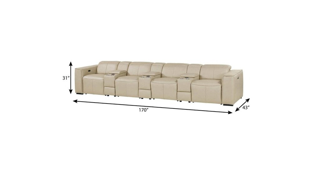 170" Beige Top Grain Leather Reclining Metal USB Sofa