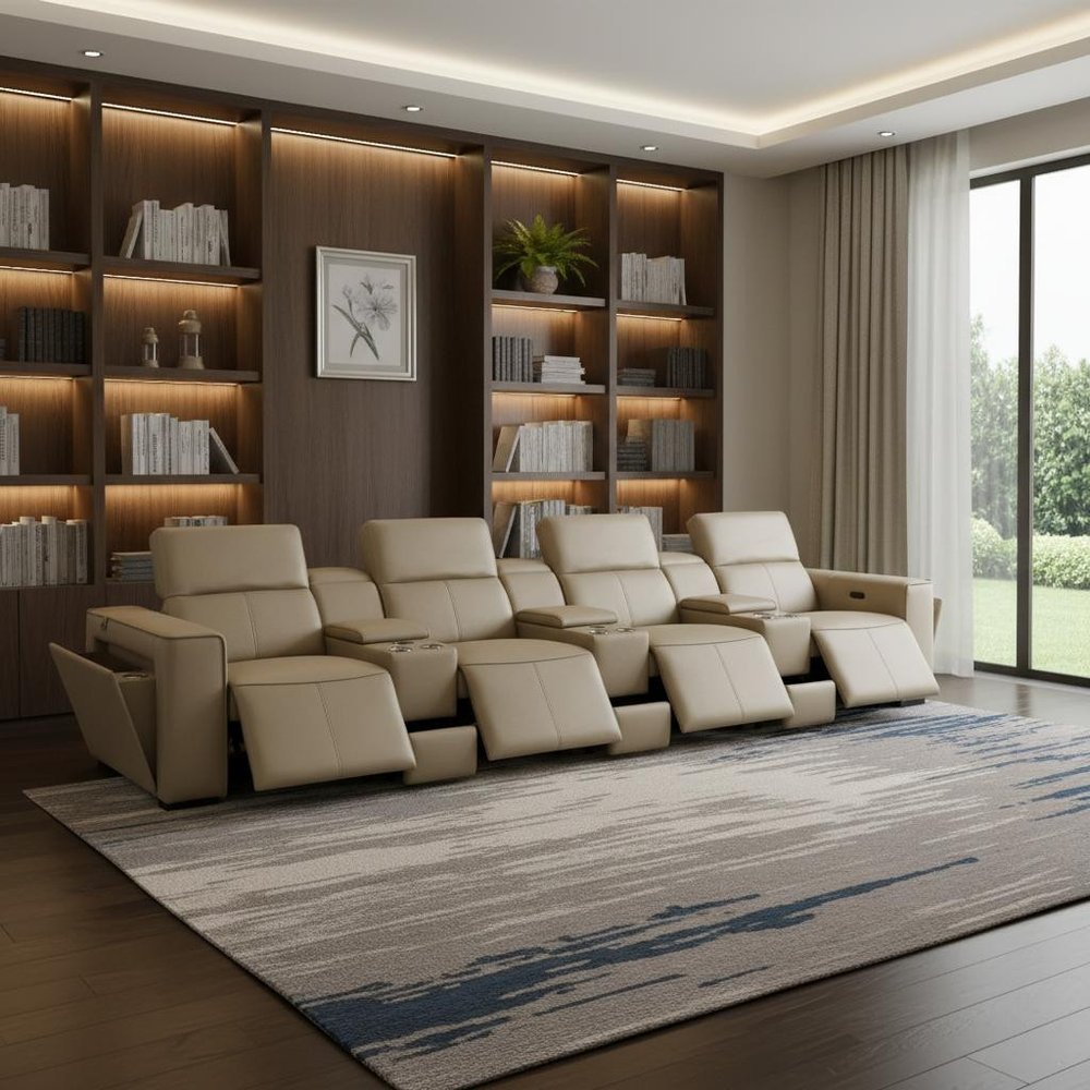 170" Beige Top Grain Leather Reclining Metal USB Sofa