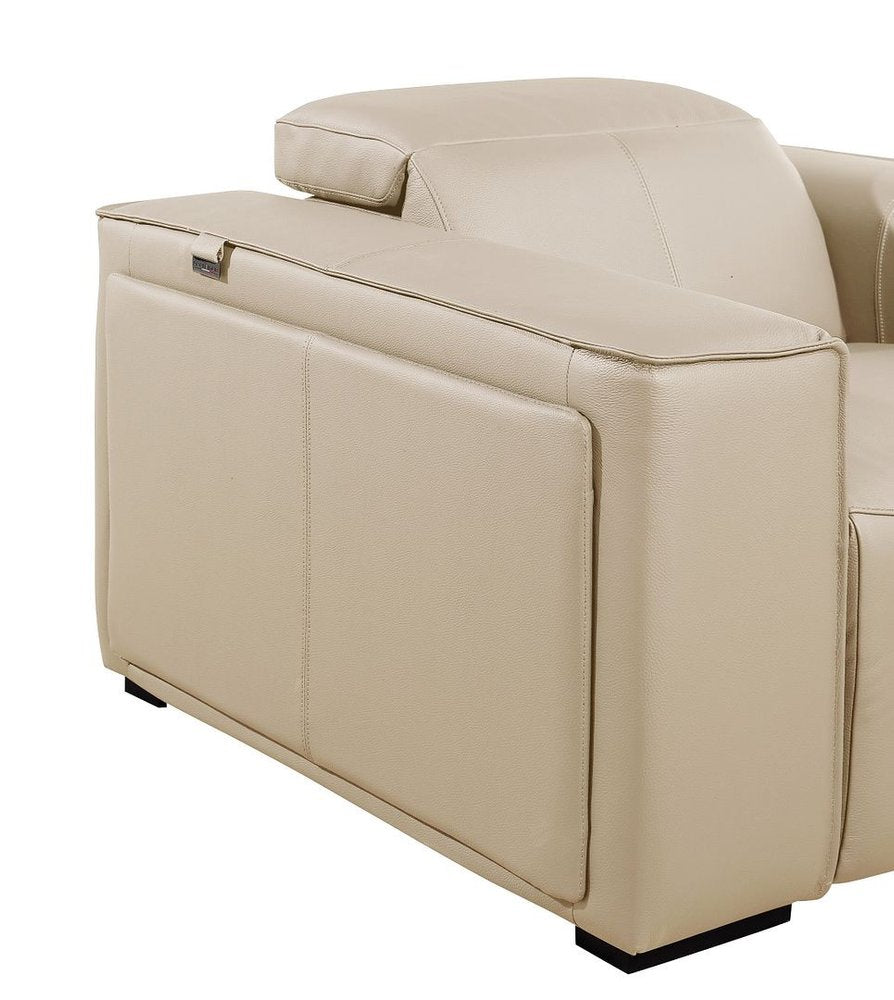 170" Beige Top Grain Leather Reclining Metal USB Sofa