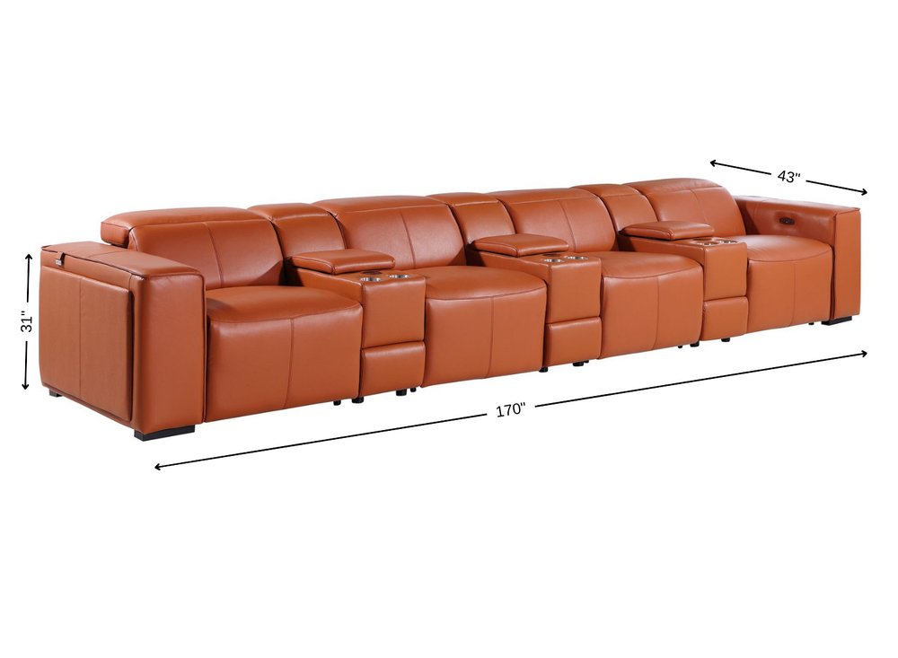 170" Beige Top Grain Leather Reclining Metal USB Sofa