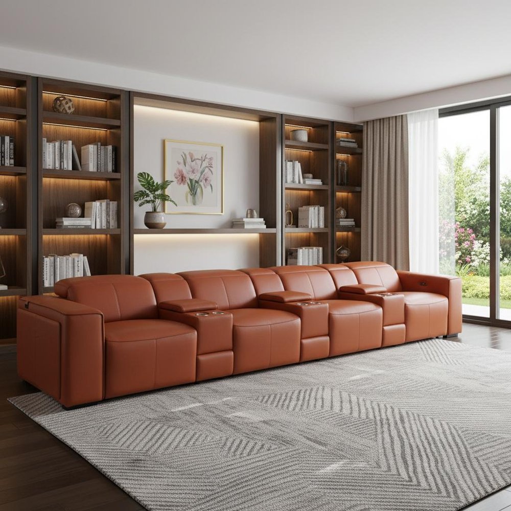 170" Beige Top Grain Leather Reclining Metal USB Sofa