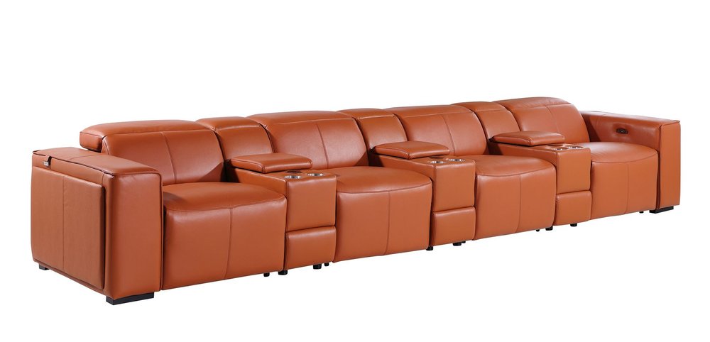170" Beige Top Grain Leather Reclining Metal USB Sofa