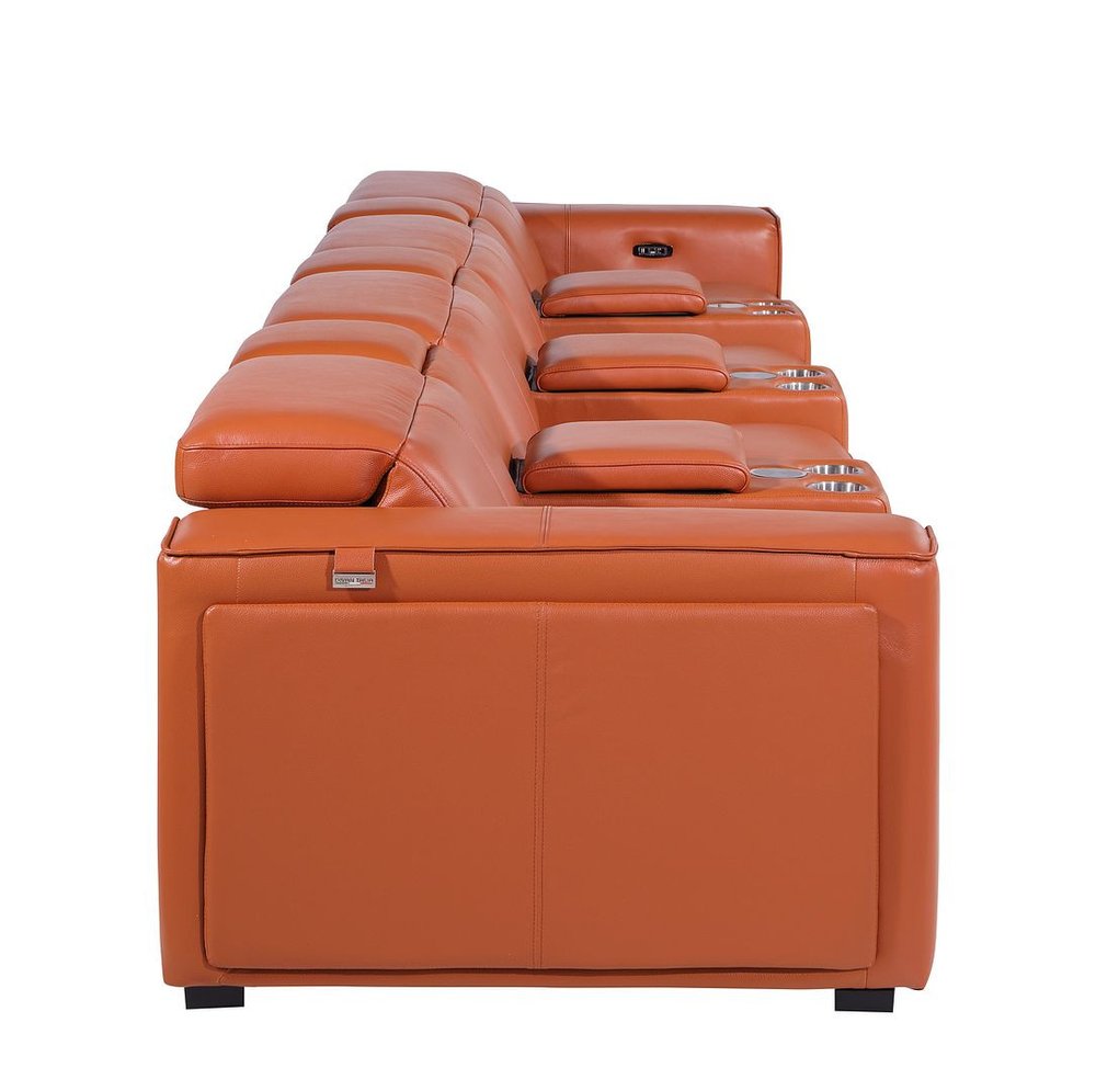 170" Beige Top Grain Leather Reclining Metal USB Sofa