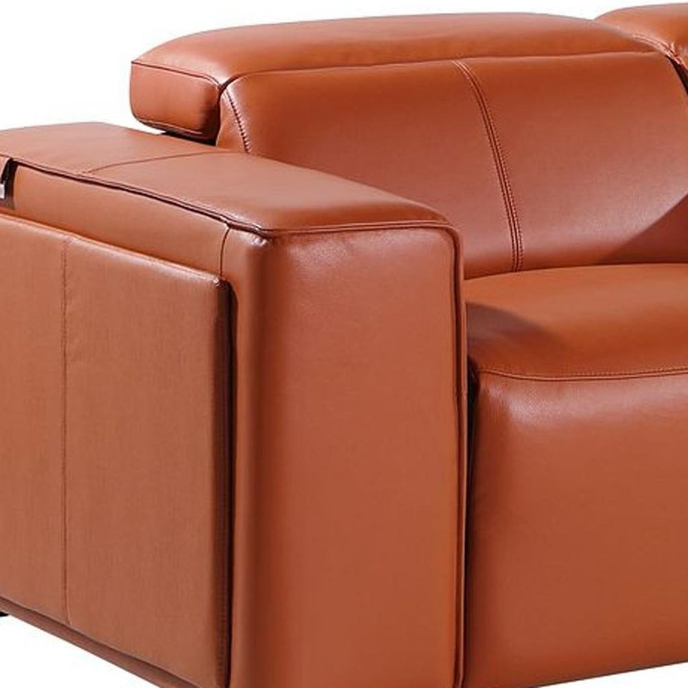 170" Beige Top Grain Leather Reclining Metal USB Sofa