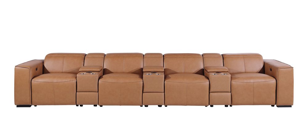 170" Beige Top Grain Leather Reclining Metal USB Sofa