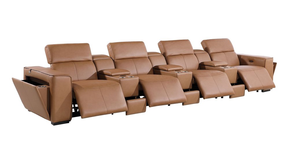 170" Beige Top Grain Leather Reclining Metal USB Sofa