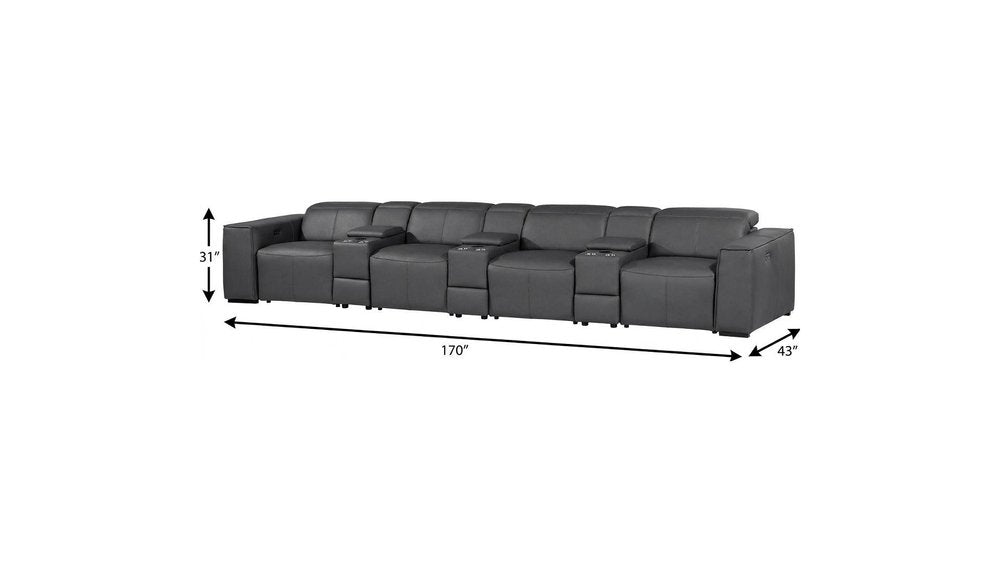 170" Beige Top Grain Leather Reclining Metal USB Sofa