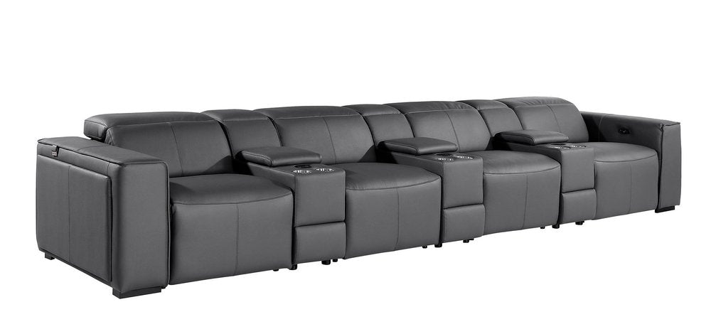 170" Beige Top Grain Leather Reclining Metal USB Sofa
