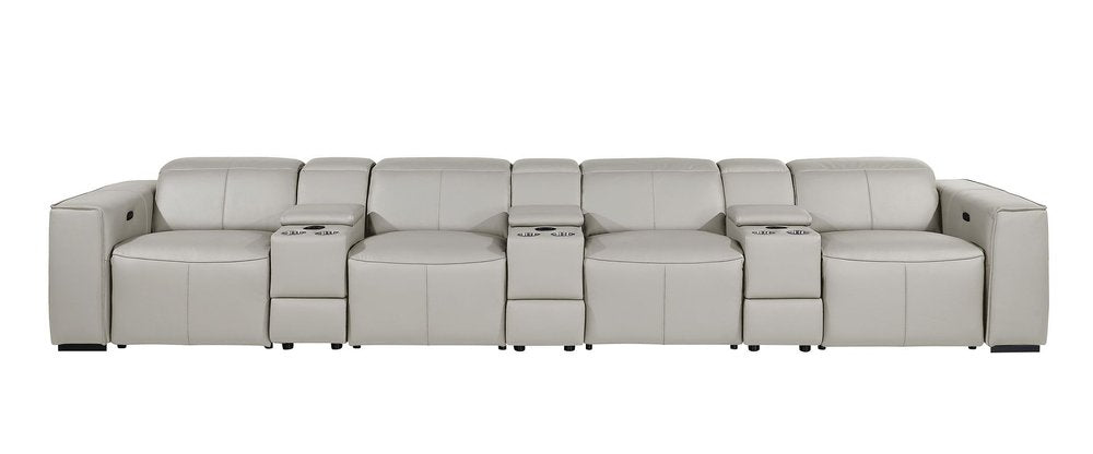 170" Beige Top Grain Leather Reclining Metal USB Sofa