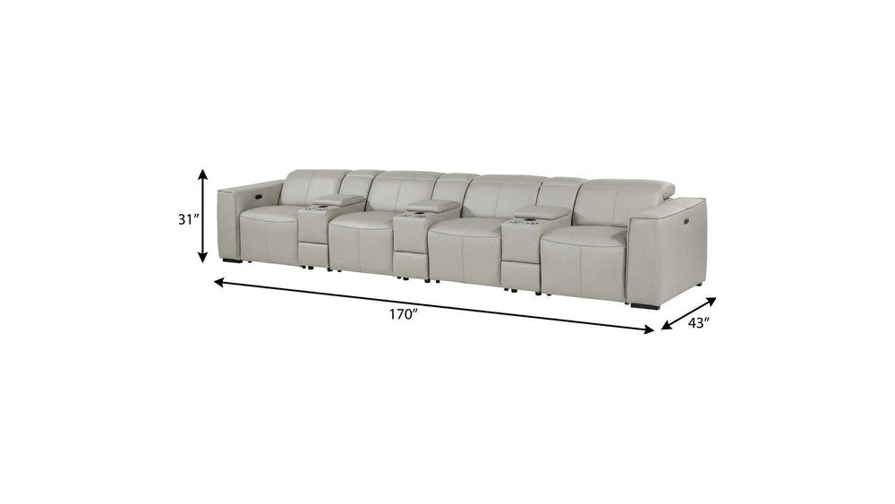 170" Beige Top Grain Leather Reclining Metal USB Sofa