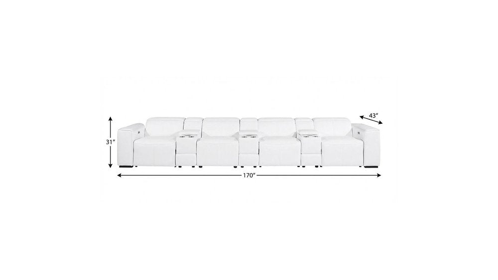 170" Beige Top Grain Leather Reclining Metal USB Sofa