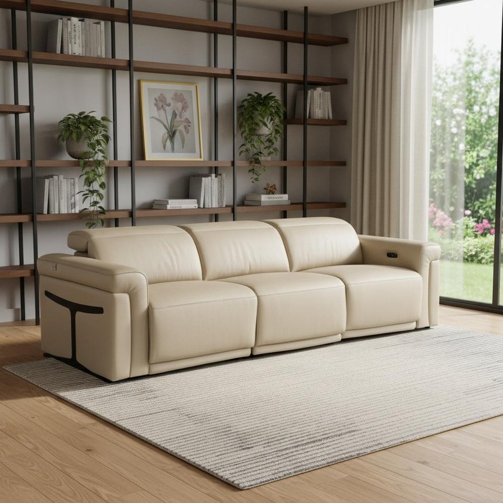 100" Black Top Grain Leather Reclining Metal USB Sofa