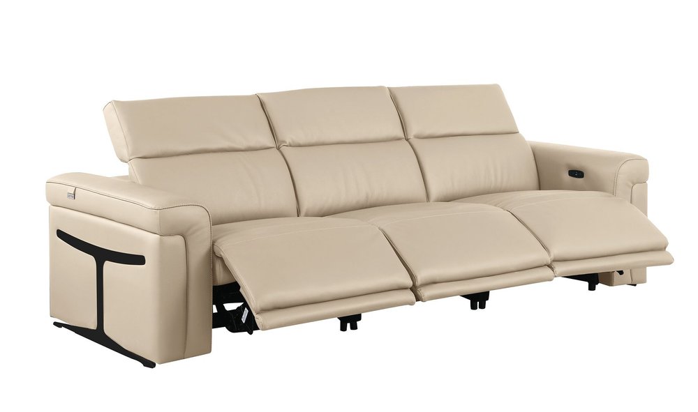 100" Beige Top Grain Leather Reclining Metal USB Sofa