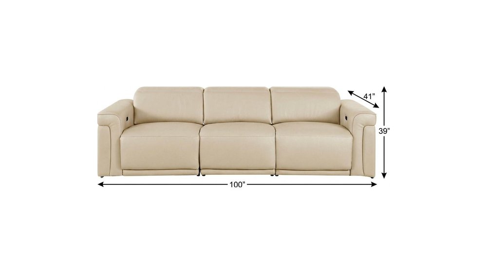 100" Beige Top Grain Leather Reclining Metal USB Sofa