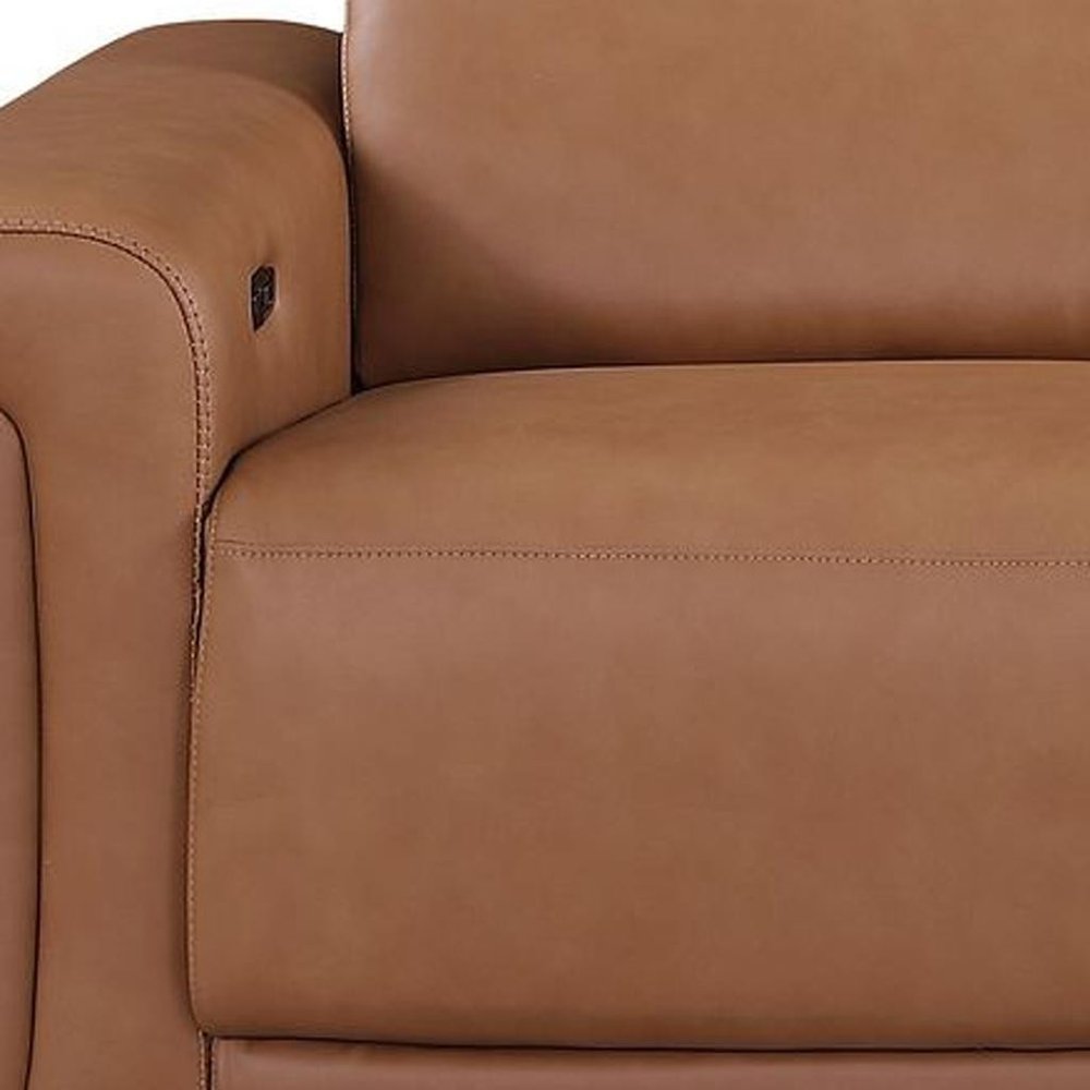 100" Beige Top Grain Leather Reclining Metal USB Sofa