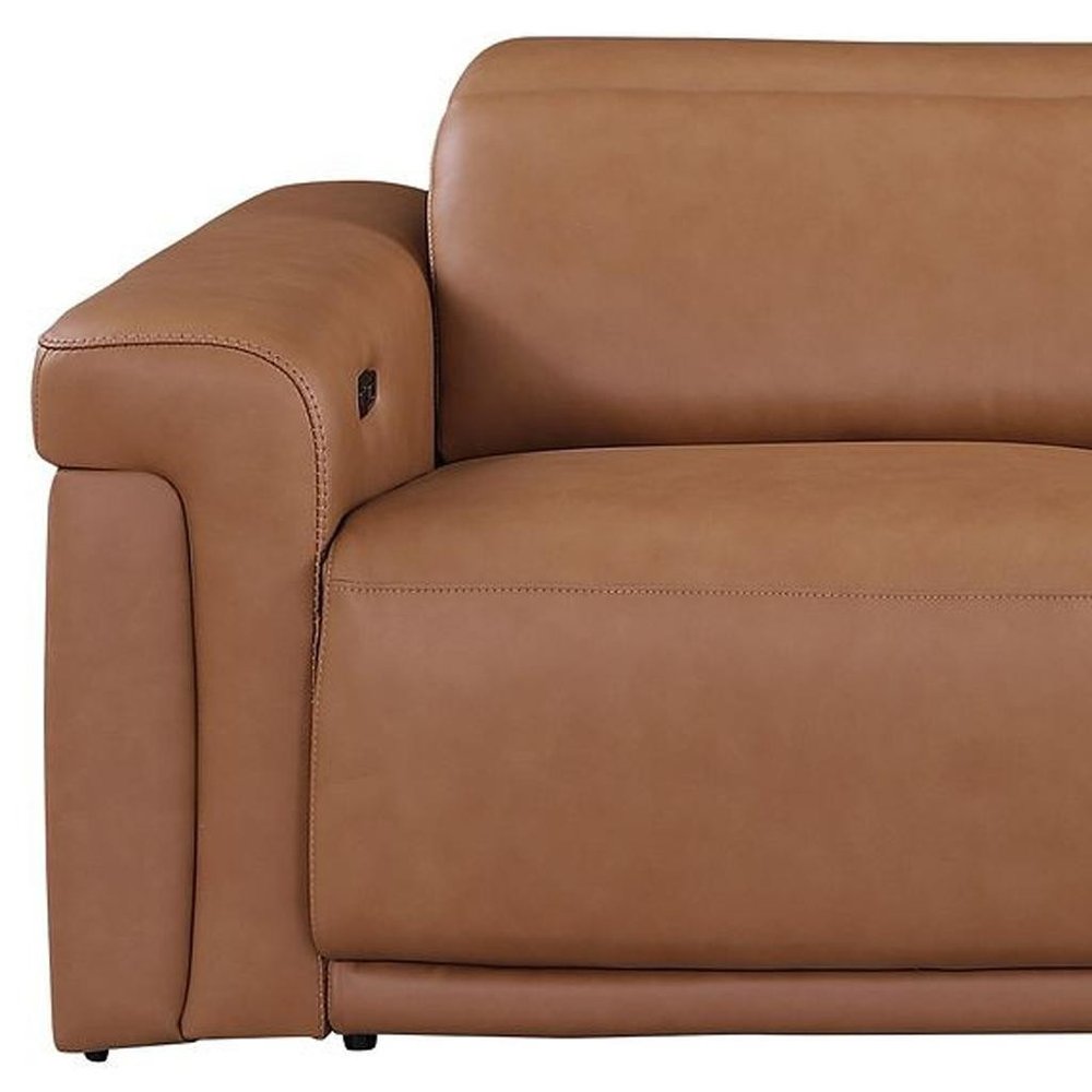 100" Beige Top Grain Leather Reclining Metal USB Sofa