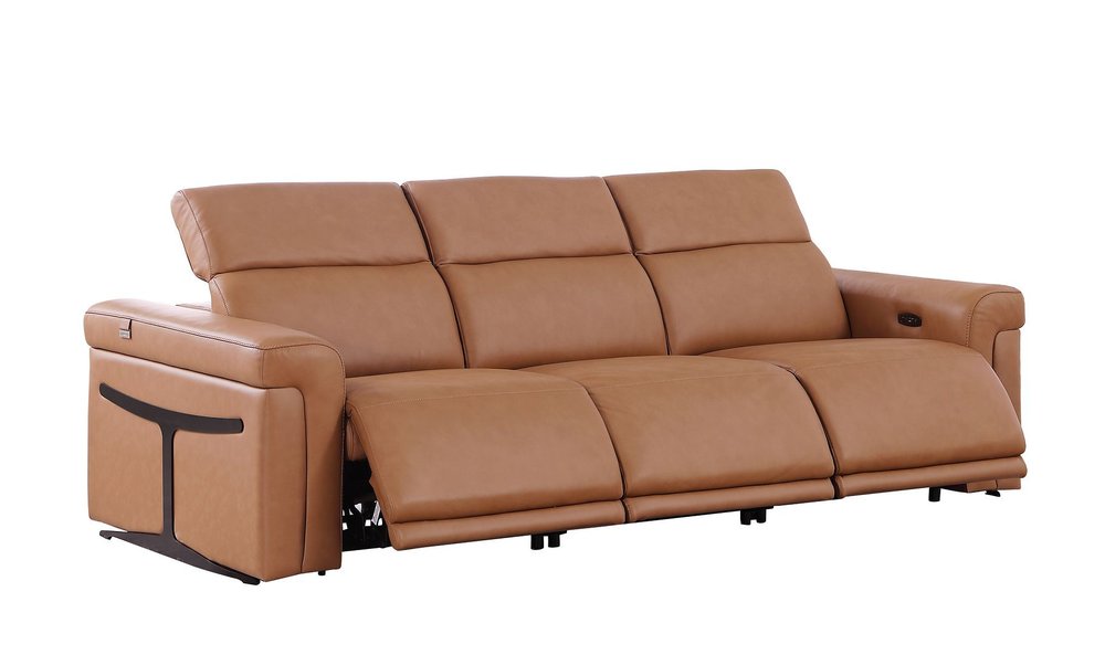 100" Beige Top Grain Leather Reclining Metal USB Sofa