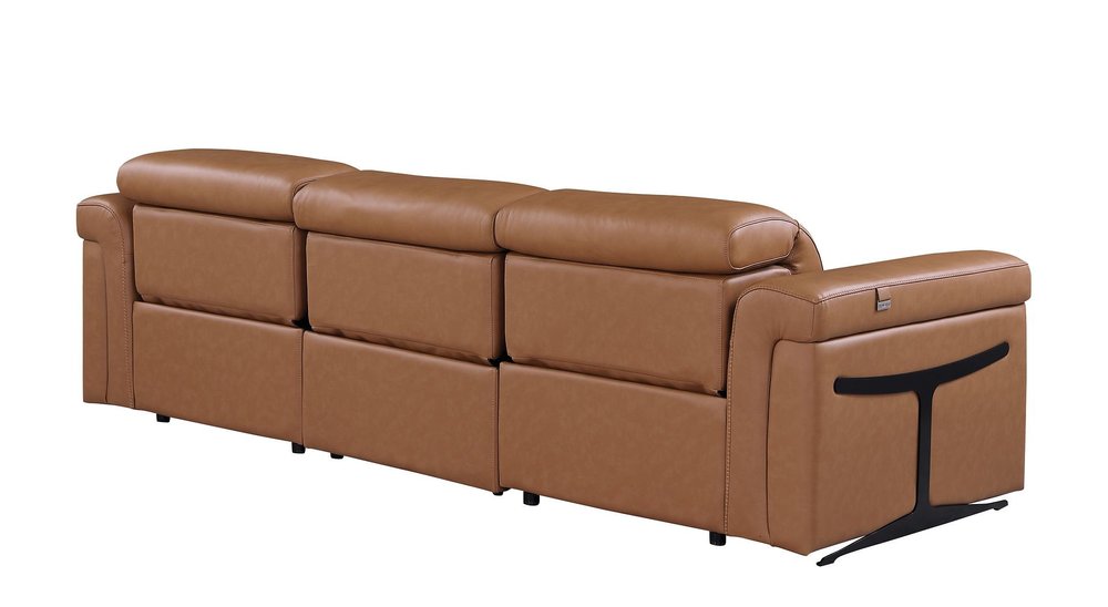100" Beige Top Grain Leather Reclining Metal USB Sofa