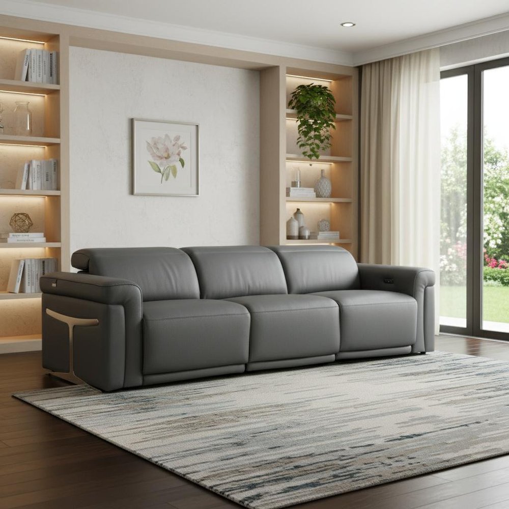 100" Beige Top Grain Leather Reclining Metal USB Sofa