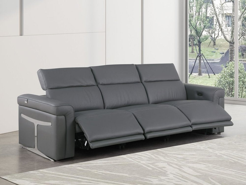 100" Beige Top Grain Leather Reclining Metal USB Sofa