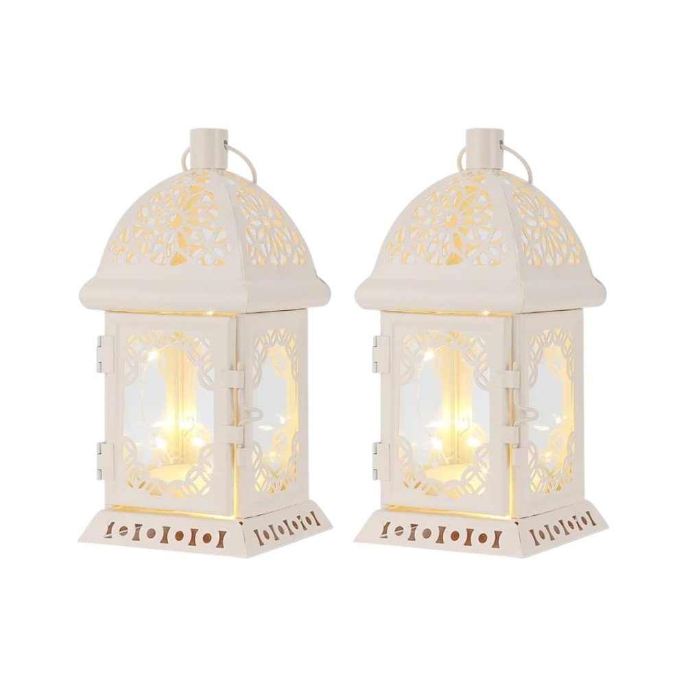 Set of Two 8" White Metal And Glass Pierced Scrollwork Lantern Lamps