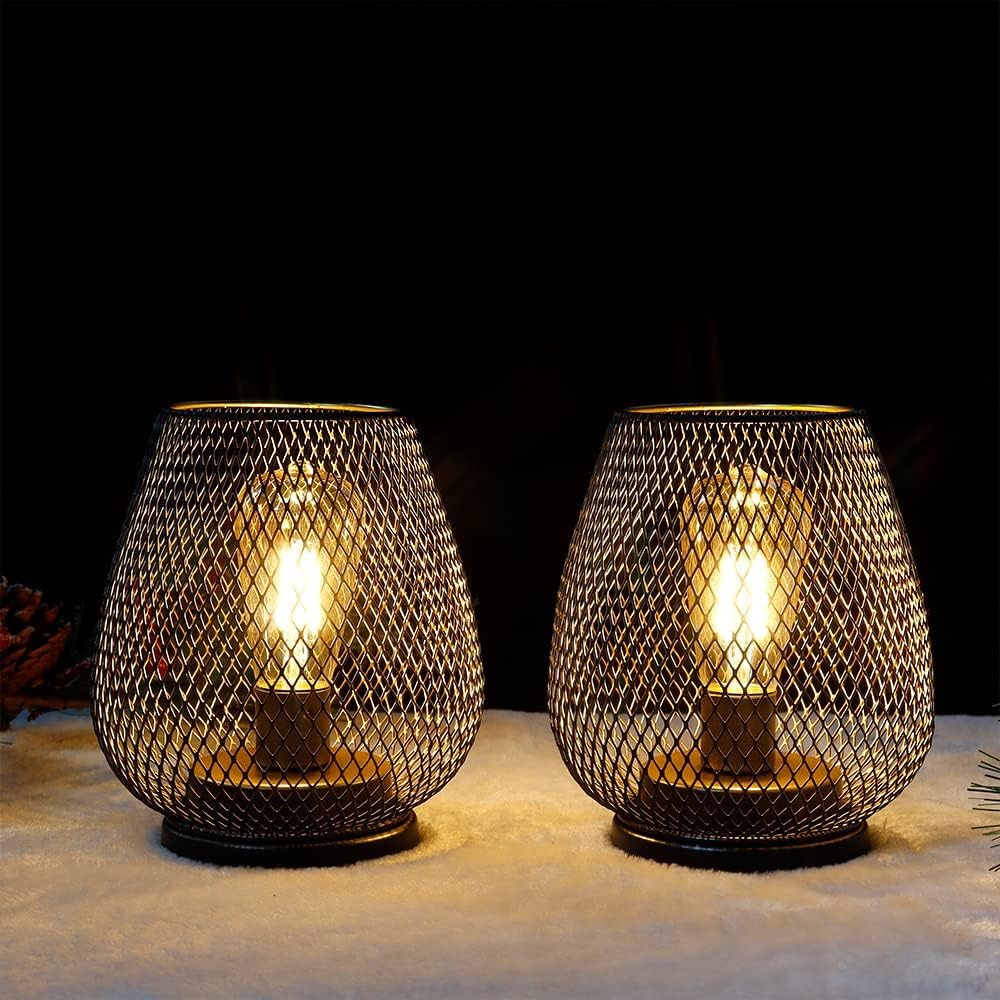 Set of Two 7" Antiqued Bronze Pierced Geometric Cordless Lantern Lamps