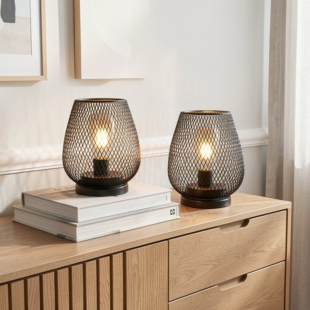 Set of Two 7" Antiqued Bronze Pierced Geometric Cordless Lantern Lamps