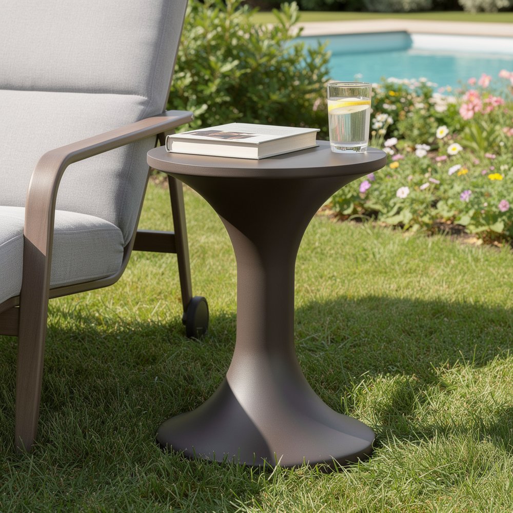 14" Dark Brown Faux Concrete Round Outdoor Side Table