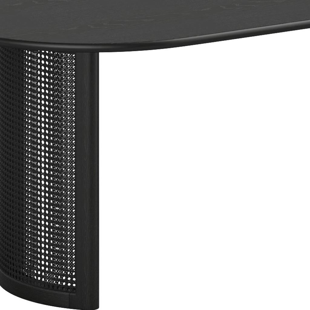 79" Black Solid Wood With Rattan Double Pedestal Base Oval Dining Table