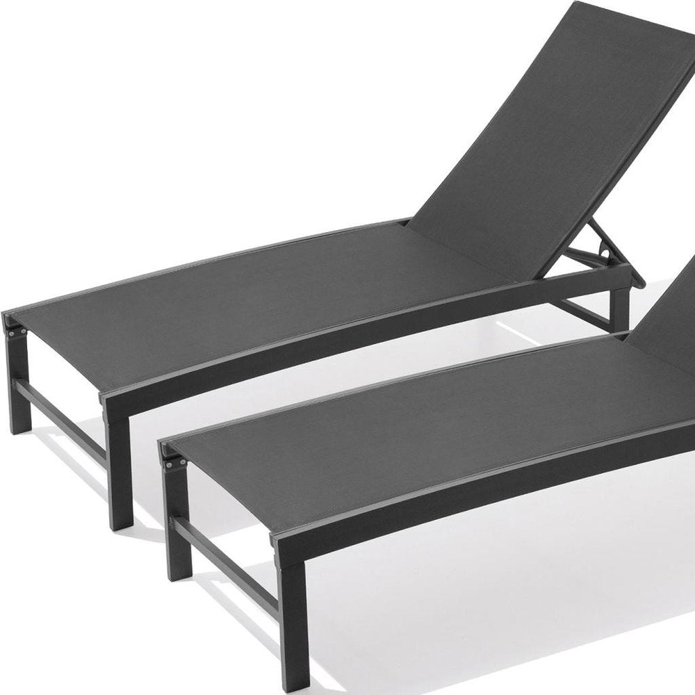 Set of Two Black Aluminum Six Position Adjustable Outdoor Chaise Lounges