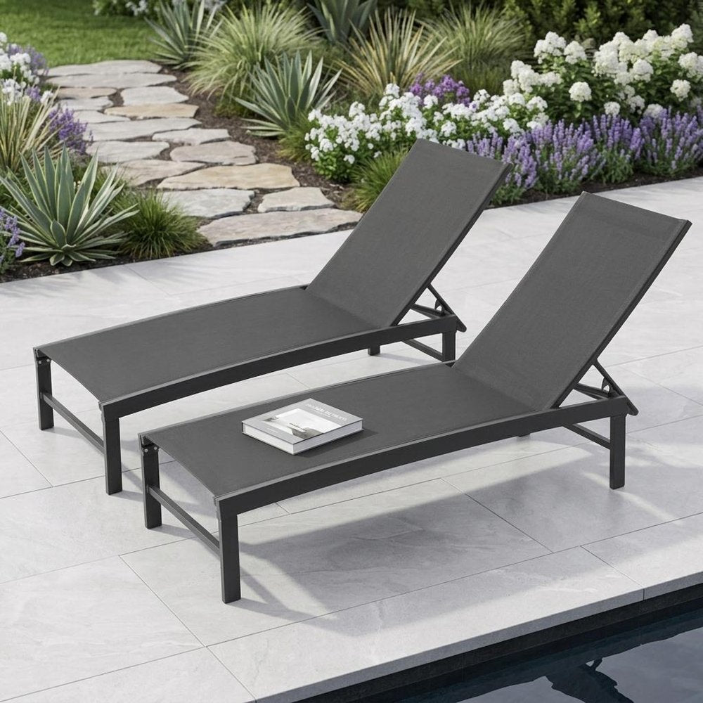 Set of Two Black Aluminum Six Position Adjustable Outdoor Chaise Lounges