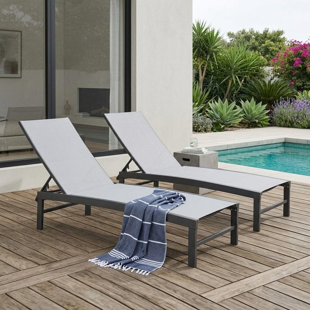 Set of Two Light Gray Aluminum Six Position Adjustable Outdoor Chaise Lounges