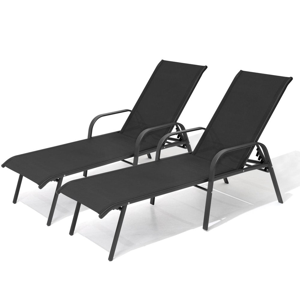 Set of Two Black Aluminum Six Position Adjustable Outdoor Chaise Lounges