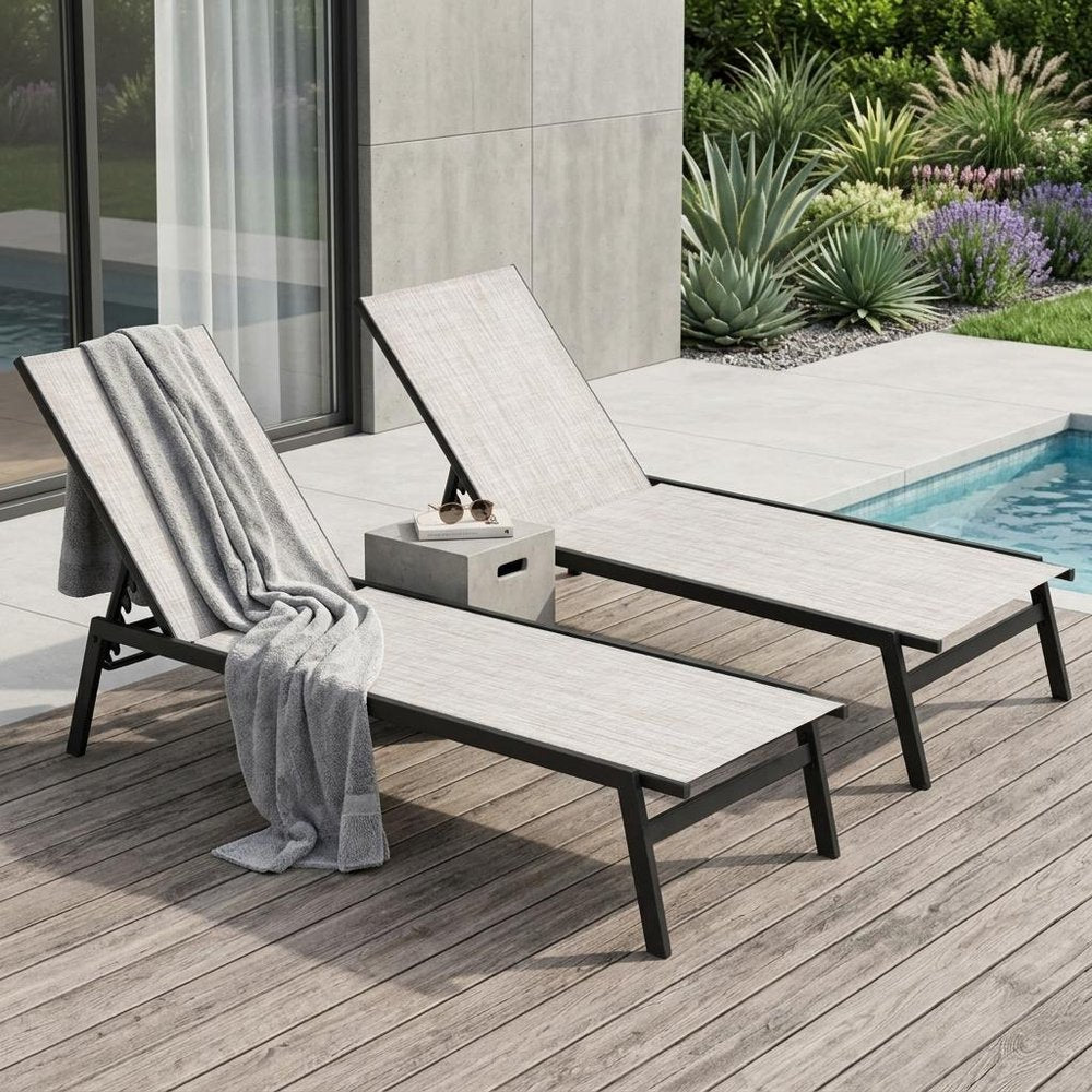 Set of Two Beige Aluminum Five Position Adjustable Outdoor Stacking Chaise Lounges